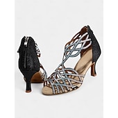 abordables Chaussures de danses latines-sandales de danse noires à strass pour femmes avec design à lanières et talon moyen – parfaites pour la danse de salon, la salsa et la danse latine