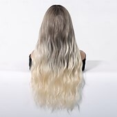 voordelige Synthetische trendy pruiken-24 inch synthetische pruik damespruik blond lang golvend haar met pony mode dagelijks kerstfeest pruiken