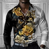 رخيصةأون قميص ساتان للرجال-رجالي ورد زر حتى القميص قميص مصمم كم طويل عارضة الازياء عطلة حفل / مساء الربيع الخريف طوي زرر أسود