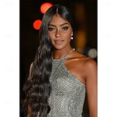 abordables Perruques de célébrités-perruque inspirée de naomi campbell perruque asymétrique ondulée très longue cheveux synthétiques noirs design à la mode pour femmes noir naturel doux