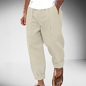 baratos Clássico-Homens Calças de linho Calças Calça verão Com Cordão Cintura elástica Perna reta Tecido Conforto Respirável Comprimento total Ao ar livre Casual Diário Moda Estilo Clássico Preto Branco