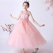 baratos Vestidos floridos-Vestido para Meninas das Flores Crianças Para Meninas Vestido de princesa Espetáculo Casamento Festa Elegante Lindo Com Transparência Côr Sólida Sem Manga Gola Redonda Branco Rosa 4 anos +