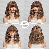 cheap Synthetic Trendy Wigs-Short Wig Shoulder Length Bob Curly Wavy Wig With Bangs for Women Charming Heat-resistant Synthetic Hair Wigs for Date Daily Use