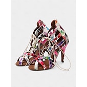 abordables Chaussures de danses latines-Chaussures de danse en treillis floral coloré pour femmes avec bout ouvert et devant à lacets - confortables et élégantes, parfaites pour la salle de bal, la performance ou la danse latine