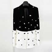 cheap Cocktail Dresses-Black White Blazer Tuxedo Dress Two Piece Suits Mermaid Cocktail Color Block Dress Formal Wedding Ankle Length Long Sleeve Shirt Collar  with Glitter Tassel Dresses
