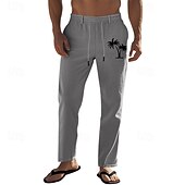 baratos Feriado-Homens Calças de linho Calças Calça verão Calças de praia Com Cordão Cintura elástica Perna reta Coqueiro Conforto Respirável Comprimento total Diário Feriado Praia Férias Moda Preto Branco