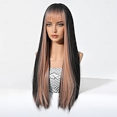 baratos Perucas Sintéticas sem Touca-Perucas sintéticas Uniformes Trajes de carreira Princesa Liso Kinky Liso Parte do meio Corte em Camadas Com Franjas Fabrico à Máquina Peruca 26 polegadas Preto Cabelo Sintético Mulheres Fantasias