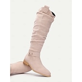 levne Slouch Boots-dámské semišové vysoké boty ke kolenům s přezkou - ležérní plochý podpatek pro každodenní i podzimní módu