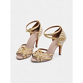 abordables Chaussures de danses latines-chaussures de danse latine pour femmes ornées de strass dorés - talons à bout ouvert avec design à lanières pour la salle de bal, la salsa et les occasions spéciales