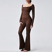 billiga Set och One-Pieces-Dam Jumpsuit Träningsdräkt Onesie Utsvängda byxben Ensfärgat Kroppsdräkt Byxdress Svart Kaffe Yoga Kondition Gymträning Andningsfunktion Mjuk Långärmad Sport Sportkläder Elastisk Smal