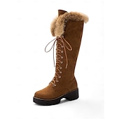 baratos Botas de neve e inverno-botas femininas de camurça sintética com cadarço até o joelho e punhos de pele sintética – calçados de inverno estilosos com sola grossa