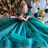 preiswerte Partykleider-kinderkleidung Mädchen Party Kleid Feste Farbe Kurzarm Leistung Gitter Prinzessin Süß Gitter Mitte der Wade Etuikleid Tüll-Kleid Sommer Frühling Herbst 2-12 Jahre Grün