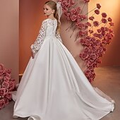 halpa Mekot kukakkoristeilla-Lapset Tyttöjen Kukkatyttömekko Ensimmäinen ehtoollinen mekko Yhtenäinen väri Hihaton Pitkähihainen Suoritus Häät Juhla Silmukka Prinsessa Makea Silmukka Puolipohje Kotelomekko Tyllimekko Kesä Kevät