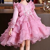 preiswerte Partykleider-kinderkleidung Mädchen Party Kleid Blume Langarm Hochzeit Besondere Anlässe Patchwork Zip bezaubernd Süß Baumwolle Polyester Asymmetrisch abendkleider Sommer Frühling Herbst 4-13 Jahre Weiß Rosa Rote