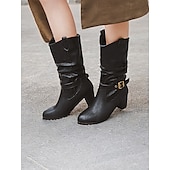 levne Slouch Boots-dámské hnědé kozačky ke kolenům s detaily přezek a blokovým podpatkem – klasická a všestranná obuv pro běžné i podzimní outfity