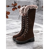 baratos Botas de neve e inverno-botas femininas de camurça sintética com cadarço até o joelho e punhos de pele sintética – calçados de inverno estilosos com sola grossa