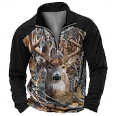 preiswerte Poloshirt mit Animalprint für Herren-Herren Hirsch Poloshirts mit Reißverschluss Langarm Polo-Shirts Hemden mit Kragen Vintage Lässig Outdoor Straße Alltagskleidung 3D-Druck Frühling Herbst Winter Schwarz Braun Khaki