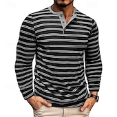 billige Uformell Henley T-skjorte-Herre T-skjorte med knapp T skjorte Henly-skjorte T-skjorter Langermet Henley Vår &amp; Vinter Stripet Mote Designer Grunnleggende Knapper Feriereise Gate Ut på byen Svart Hvit Kakifarget Topp T-skjorte