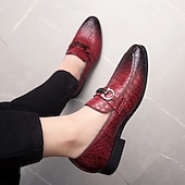 cheap Semi-Formal-Men&#039;s Red Crocodile-Embossed Faux Leather Loafers – Luxury Slip-On Shoes with Sleek Metal Buckle Accent for Formal and Business Wear