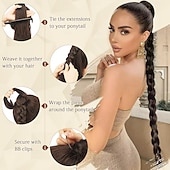 cheap Ponytails-Long Braid Ponytail Extension with Hair Tie Straight Sleek Wrap Around Hair Extensions Braid Pony Tail Fluffy Natural Soft Synthetic Hairpieces for Women Daily Wear