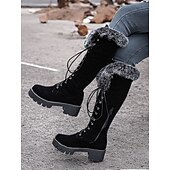 baratos Botas de neve e inverno-botas femininas de camurça sintética com cadarço até o joelho e punhos de pele sintética – calçados de inverno estilosos com sola grossa