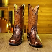 levne Cowboy &amp; Western Boots-pánské westernové kovbojské boty s potiskem hadí kůže a složitým designem z umělé kůže – stylová a odolná obuv pro rodeo a country akce