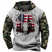 baratos Padrão de Bandeira-Homens American US Flag Caveiras Moletons Moletom Diário Casual Manga Longa Com Capuz Caça Streetwear Cinzento Imprimir Bolso frontal Primavera &amp; Outono Designer