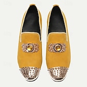 abordables Mocassins en cuir de qualité supérieure-mocassins en cuir jaune pour hommes avec ornements en pierres précieuses et bout pointu en métal clouté – chaussures habillées en cuir de vachette de qualité supérieure pour les occasions spéciales