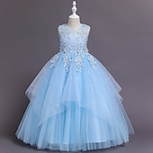 baratos Vestidos floridos-Vestido para Meninas das Flores Crianças Para Meninas Vestido de princesa Espetáculo Casamento Festa Elegante Lindo Com Transparência Côr Sólida Sem Manga Gola Redonda Branco Rosa 4 anos +