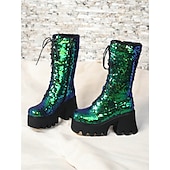 baratos Botas com salto-botas plataforma femininas com cadarço e lantejoulas – botas de salto grosso verde e azul brilhantes para festas, festivais e cosplay