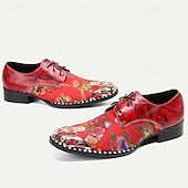 cheap Elemental Dress Shoes-Men&#039;s Red Floral Lace-Up Oxford Shoes – Premium Cowhide Leather with Metal Toe Cap, Stylish Design for Weddings, Parties, and Special Occasions
