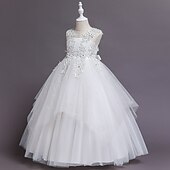 baratos Vestidos floridos-Vestido para Meninas das Flores Crianças Para Meninas Vestido de princesa Espetáculo Casamento Festa Elegante Lindo Com Transparência Côr Sólida Sem Manga Gola Redonda Branco Rosa 4 anos +
