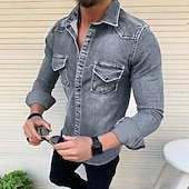 abordables camisas de mezclilla de los hombres-Hombre Camisa vaquera Color sólido Diario Viaje Azul Piscina Negro Azul claro Manga Larga Cuello Primavera &amp; Otoño Ropa Abotonar