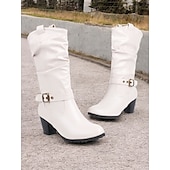 levne Slouch Boots-dámské hnědé kozačky ke kolenům s detaily přezek a blokovým podpatkem – klasická a všestranná obuv pro běžné i podzimní outfity