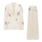 preiswerte Hosenanzüge für Mama-Hosenanzug Weiß Tuxedo Tuxedo Kleid Zweiteiliges Anzug Abendkleid Elegant Formal Hochzeit Bodenlänglich Langarm Hemdkragen mit Glitzer Quaste 2025