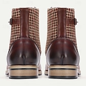cheap Premium Leather Boots-Men&#039;s Premium Cowhide Leather Ankle Boots – Vintage Houndstooth Pattern with Buckle Detail, Stylish Dress Boots for Formal and Casual Wear