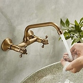 voordelige Badkamer wastafelkranen-wastafelmengkraan wandmontage inbouw wastafelkraan geborsteld retro messing antiek kraan goud wijdverspreid wandmontage
