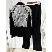cheap Mom&#039;s Pant Suits-Two Piece Pantsuit Evening Gown Vintage Dress Tuxedo Dress Formal Wedding Floor Length Long Sleeve Shirt Collar  with Glitter