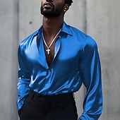 preiswerte Satinhemden für Herren-Herren Hemd Satinhemd Freizeithemd Knopfhemd Einfach Hochzeit Urlaub Schwarz Weiß Wein Blau Langarm Revers Frühling &amp; Herbst Bekleidung Knöpfe