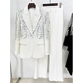 cheap Mom&#039;s Pant Suits-Two Piece Pantsuit Evening Gown Vintage Dress Tuxedo Dress Formal Wedding Floor Length Long Sleeve Shirt Collar  with Glitter