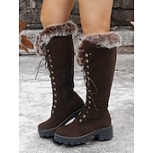 baratos Botas de neve e inverno-botas femininas de camurça sintética com cadarço até o joelho e punhos de pele sintética – calçados de inverno estilosos com sola grossa