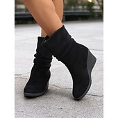 levne Slouch Boots-dámské hnědé semišové kotníkové boty – pohodlný klínový podpatek s prohnutým designem, ideální na podzimní a zimní běžné nošení