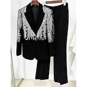 cheap Mom&#039;s Pant Suits-Two Piece Pantsuit Evening Gown Vintage Dress Tuxedo Dress Formal Wedding Floor Length Long Sleeve Shirt Collar  with Glitter