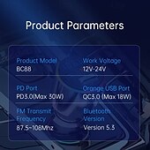 お買い得  車用Bluetoothキット/ハンズフリー-FMトランスミッター、車載MP3プレーヤー、急速充電、QC 3.0、ハンズフリー通話、デュアルPD充電器、Bluetooth