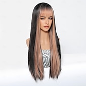 baratos Perucas Sintéticas sem Touca-Perucas sintéticas Uniformes Trajes de carreira Princesa Liso Kinky Liso Parte do meio Corte em Camadas Com Franjas Fabrico à Máquina Peruca 26 polegadas Preto Cabelo Sintético Mulheres Fantasias