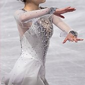 cheap Figure Skating Dresses-Figure Skating Dress Women&#039;s Girls&#039; Ice Skating Dress White Patchwork Thumbhole Mesh Spandex Stretchy Training Practice Professional Skating Wear Thermal Warm Crystal / Rhinestone Long Sleeve Ice