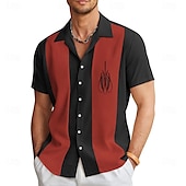 cheap Men&#039;s Bowling Shirt-Men&#039;s Curve Pinstripe Bowling Shirt Button Up Shirt Short Sleeve Casual Vacation Sport Summer Spring Cuban Collar Button Up Red