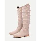 levne Slouch Boots-dámské semišové vysoké boty ke kolenům s přezkou - ležérní plochý podpatek pro každodenní i podzimní módu
