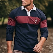 cheap Men&#039;s Rugby Polo-Men&#039;s Striped Rugby Polo Shirts Long Sleeve Polo Shirts Collared Shirts Business Casual Outdoor Dailywear Wear to work Buttons 3D Print Spring Fall Winter Ink Blue