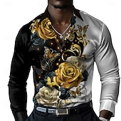 رخيصةأون قميص ساتان للرجال-رجالي ورد زر حتى القميص قميص مصمم كم طويل عارضة الازياء عطلة حفل / مساء الربيع الخريف طوي زرر أسود